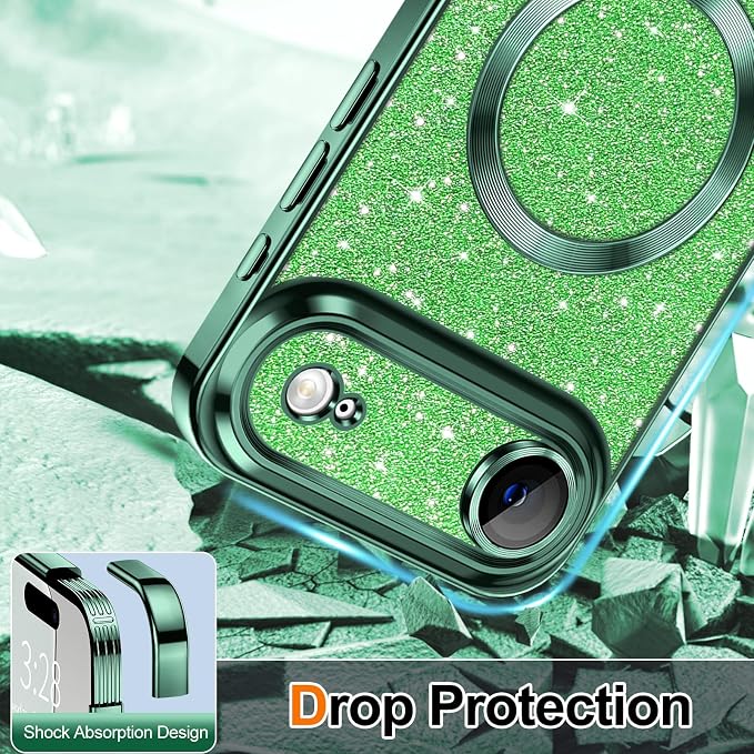 Hython for iPhone Air Case Glitter Clear Magnetic Phone Cases [Compatible with MagSafe] Full Camera Lens Protector Sparkle Luxury Plating Slim Shockproof Protective Cover Women, Green