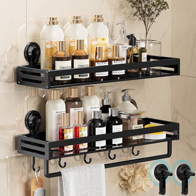 Shower Caddy Suction Cup, 15.7 inch 2 Pack Suction Shower Shelf with Hooks NO-Drilling Bathroom Holder, Rustproof Bathroom Organizer, Black,Includes 2 Extra Suction Cups for Replacement Use