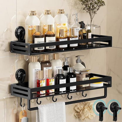 Shower Caddy Suction Cup, 15.7 inch 2 Pack Suction Shower Shelf with Hooks NO-Drilling Bathroom Holder, Rustproof Bathroom Organizer, Black,Includes 2 Extra Suction Cups for Replacement Use