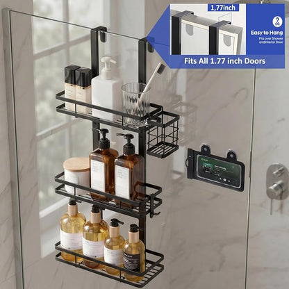 Over the Door Shower Caddy Hanging, Rustproof Shower Shelves with Waterproof Phone Pouch, 3-Tier Adjustable Bathroom Organizers and Storage, No Drilling Shower Shelf, Black Shampoo Soap Holder