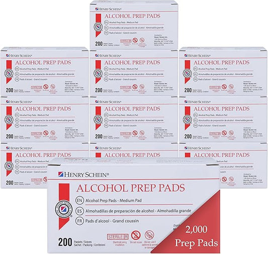 Henry Schein Alcohol Prep Pads, Medium Size, 2,000 Count - 70% Isopropyl Alcohol, Individually Wrapped, Sterile Wipes for Medical & Everyday Use