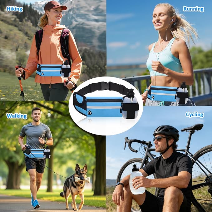 Fanny Pack with Water Bottle Holder for Running Hiking Hydration Marathon Exercise Outdoor, Slim Running Belt for Men Waterproof Waist Bag for Women Girls Kids Cell Phone iPhone Carrier Blue