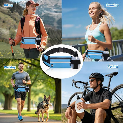 Fanny Pack with Water Bottle Holder for Running Hiking Hydration Marathon Exercise Outdoor, Slim Running Belt for Men Waterproof Waist Bag for Women Girls Kids Cell Phone iPhone Carrier Blue