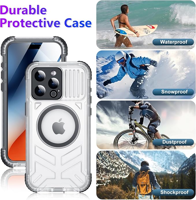 Temdan Magnetic for iPhone 15 Pro Max Case Waterproof,[Built-in Screen & Camera Protector][Full Body Shockproof][IP68 Underwater][Dustproof] Shockproof Phone Case for iPhone 15 Pro Max 6.7"-Black