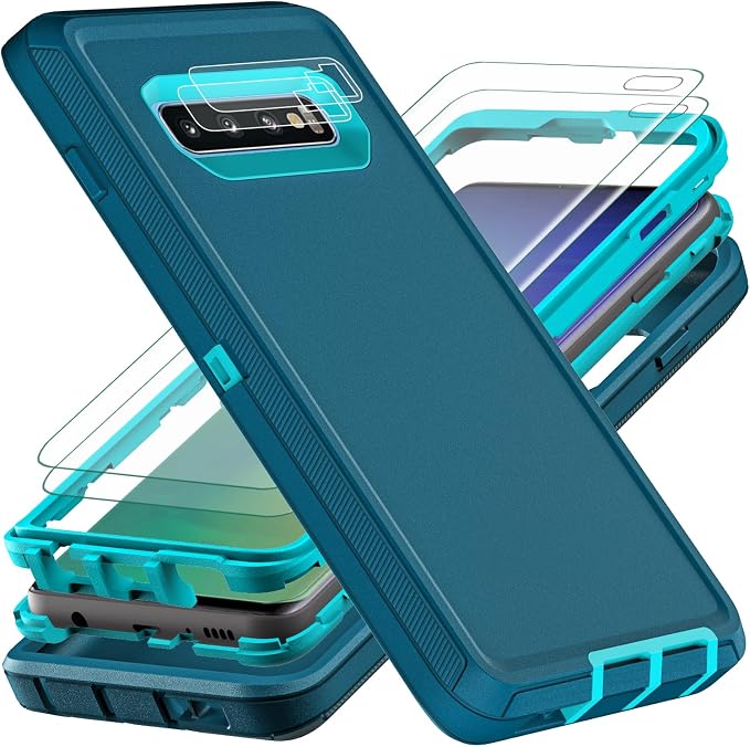 for Samsung Galaxy S10 Plus Case, with 2Pcs [Self Healing Flexible TPU Screen Protector & Camera Lens Protector] Military Grade 3 in 1 Heavy Duty Case for Galaxy S10 Plus (Blue/Turquoise)