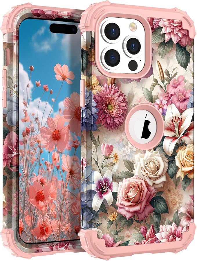 Hocase for iPhone 14 Pro Max Case, Heavy Duty Shockproof Protection Soft Silicone Rubber+Hard Plastic Bumpers Hybrid Protective Case for iPhone 14 Pro Max 2022 - Rose & Lily Flowers