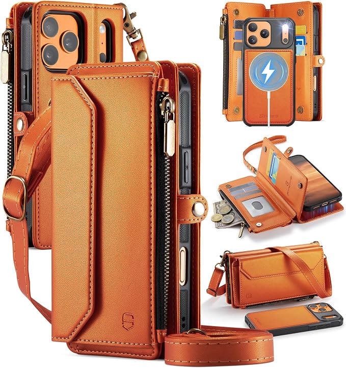 Strapurs for iPhone 17 Pro Detachable Wallet Case Compatible with Magsafe, RFID Blocking 9-Card Holder Zipper Wrist Strap Lanyard PU Leather Magnetic Phone Case for iPhone 17 Pro 6.3", Orange