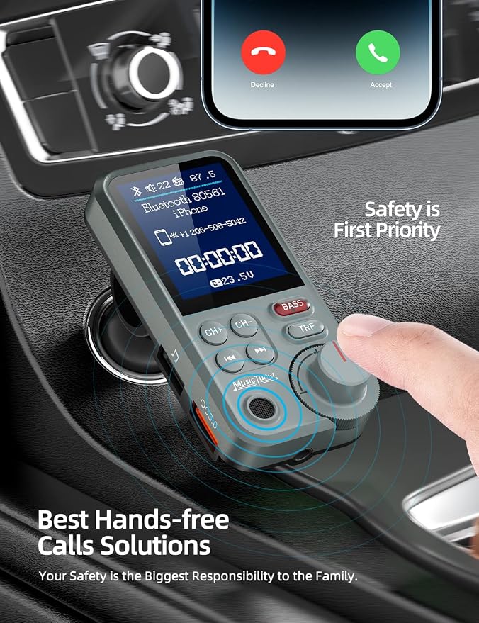 Nulaxy FM Bluetooth Transmitter for car, Strong Microphone Bluetooth Car Adapter with 1.8" Color Screen for Hands-Free Calls, Supports QC3.0 Charging, Treble and Bass Sound Music Player- KM30 Grey