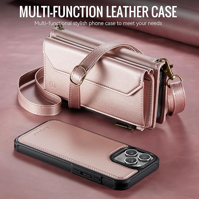 Strapurs for iPhone 16 Pro Detachable Wallet Case Compatible with Magsafe, RFID Blocking 9-Card Holder Zipper Wrist Strap Lanyard PU Leather Magnetic Phone Case for iPhone 16 Pro 6.3", Rose Gold