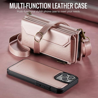 Strapurs for iPhone 16 Pro Detachable Wallet Case Compatible with Magsafe, RFID Blocking 9-Card Holder Zipper Wrist Strap Lanyard PU Leather Magnetic Phone Case for iPhone 16 Pro 6.3", Rose Gold