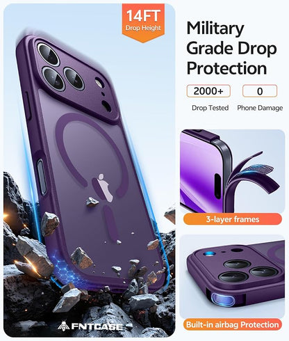 FNTCASE for iPhone 17 Pro Max Case: [Compatible with Magsafe] Translucent Matte Cases with [Full Camera Protection] [Screen Protector] Military Grade Shockproof Protective Phone Cover - Purple