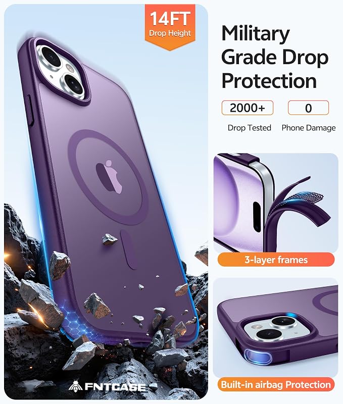 FNTCASE for iPhone 15 Case: for iPhone 14 Case & iPhone 13 Case [Compatible with Magsafe] Translucent Matte Cases with [Screen Protector] Military Grade Shockproof Protective Phone Cover - Purple