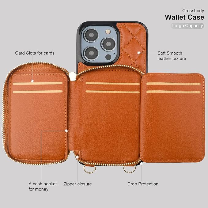 Bocasal Crossbody Wallet Case for iPhone 14 Pro Max, RFID Blocking PU Leather Zipper Handbag Purse Flip Cover, Kickstand Folio Case with Card Slots Holder Wrist Strap Lanyard 5G 6.7 Inch (Brown)