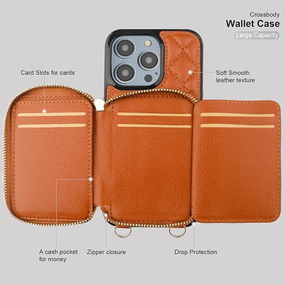 Bocasal Crossbody Wallet Case for iPhone 14 Pro Max, RFID Blocking PU Leather Zipper Handbag Purse Flip Cover, Kickstand Folio Case with Card Slots Holder Wrist Strap Lanyard 5G 6.7 Inch (Brown)