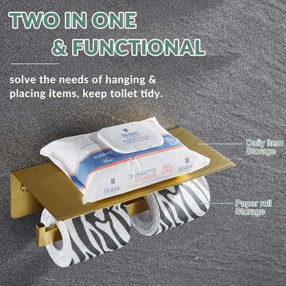 APLusee Brushed Gold Double Toilet Paper Holder with Shelf, Heavy Duty 304 Stainless Steel Tissue Holder for Bathroom with Storage, Commercial Paper Roll Dispenser Wall Mounted
