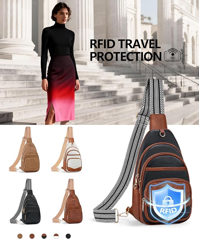 Anti Theft Crossbody Bags for Women, RFID Vegan Leather Sling Purse for Travel, Chest Bag, Cross Body Purses & Fanny Packs(Brown＆Black) | Multi-Pocket, 8 RFID Card Slots, Structured bag, Quilted Design