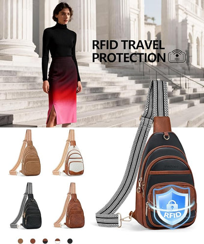 Anti Theft Crossbody Bags for Women, RFID Vegan Leather Sling Purse for Travel, Chest Bag, Cross Body Purses & Fanny Packs(Brown＆Black) | Multi-Pocket, 8 RFID Card Slots, Structured bag, Quilted Design