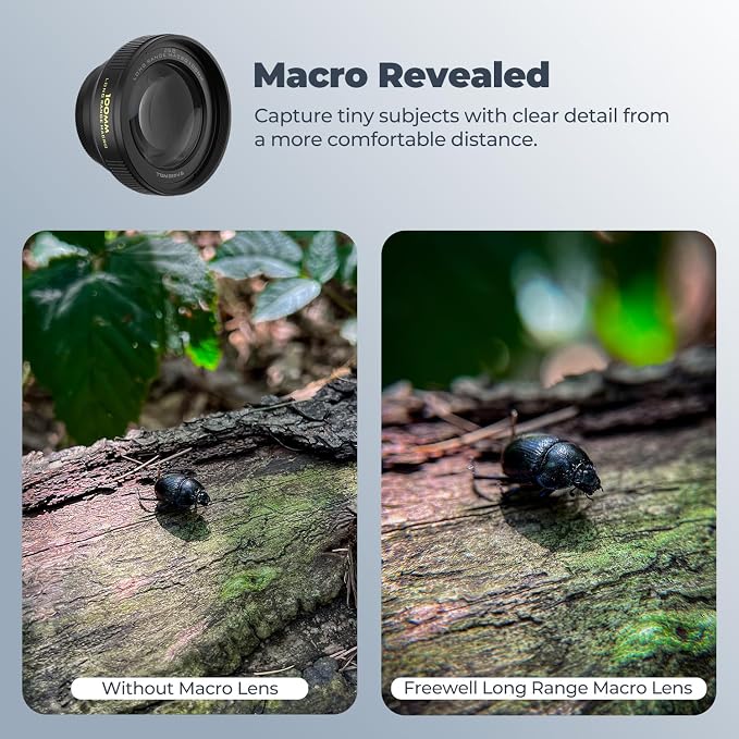 Freewell 100mm Long Macro Lens for iPhone & Samsung Magnification, 60mm Focus Distance – Capture Detailed Close-Ups of Nature & Small Objects