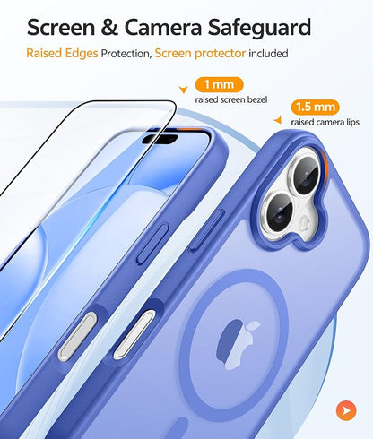 FNTCASE for iPhone 16 Case [Compatible with Magsafe] Translucent Matte Cases with [Screen Protector] Military Grade Shockproof Protective Phone Cover - Ultramarine