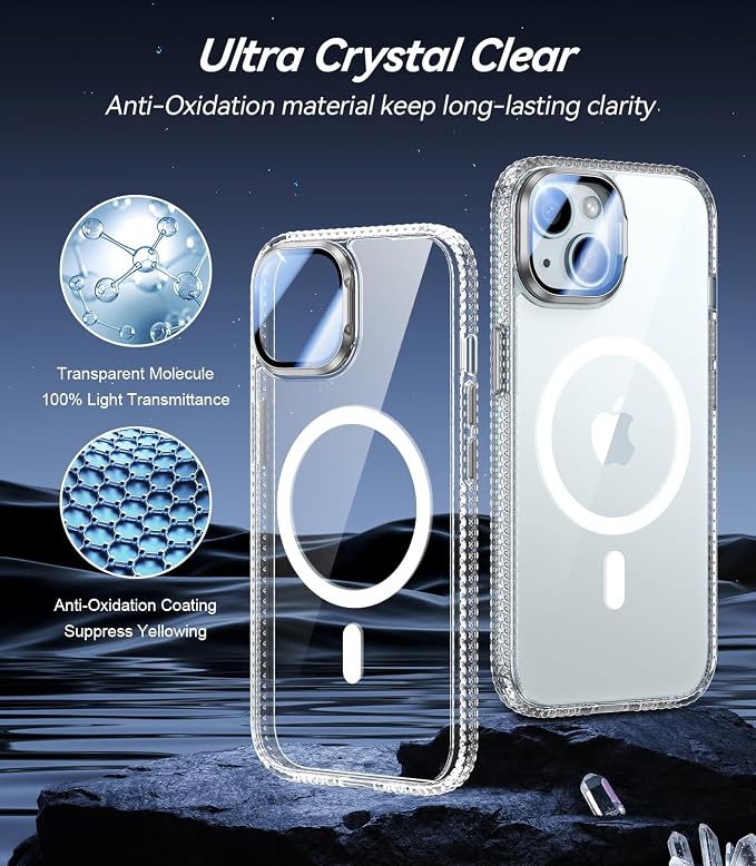 [Upgraded] for iPhone 15 Case with Camera Cover Stand [Fit for MagSafe][9H Camera Lens Protector] Mil-Grade Protection Transparent Magnetic iPhone 15 Phone Case, Clear