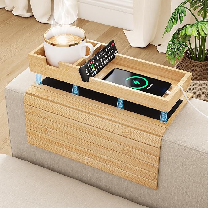 Bamboo Foldable Sofa Armrest Tray with Magnetic Detachable Cup Holder & Anti-Slip Pad | Versatile Couch Arm Table for Drinks, Snacks, Phone, Remote Control Organizer