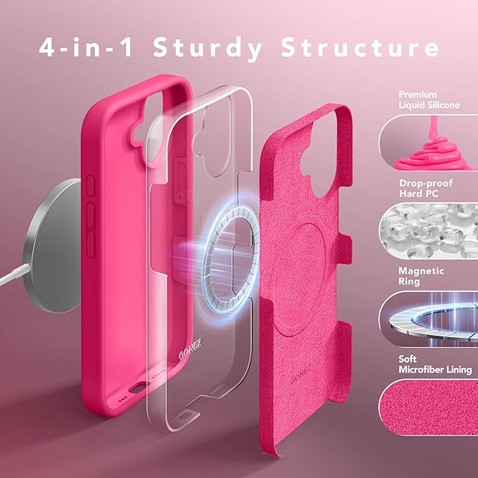 GONEZ Magnetic for iPhone 16 Case, Compatible with MagSafe, [Screen Protector + Camera Lens Protector], Liquid Silicone Shockproof Protective Phone Case for iPhone 16 6.1", Hot Pink