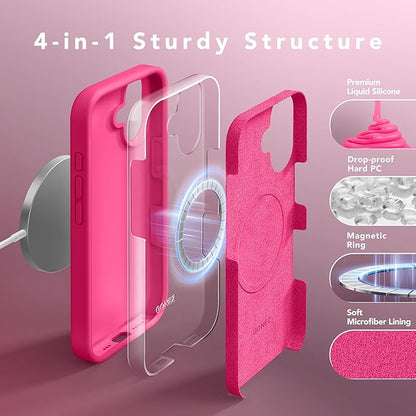 GONEZ Magnetic for iPhone 16 Case, Compatible with MagSafe, [Screen Protector + Camera Lens Protector], Liquid Silicone Shockproof Protective Phone Case for iPhone 16 6.1", Hot Pink