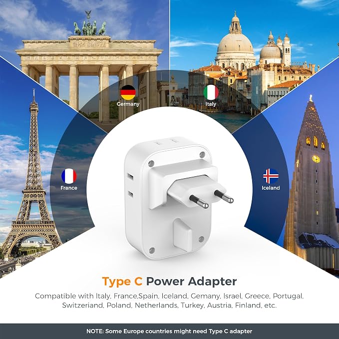 TESSAN US to European Plug Adapter 2 Pack, Type C Travel Adapter with Multi Outlets and USB Ports, Power Adaptor for USA to Europe EU Italy, Type C Foldable Plug