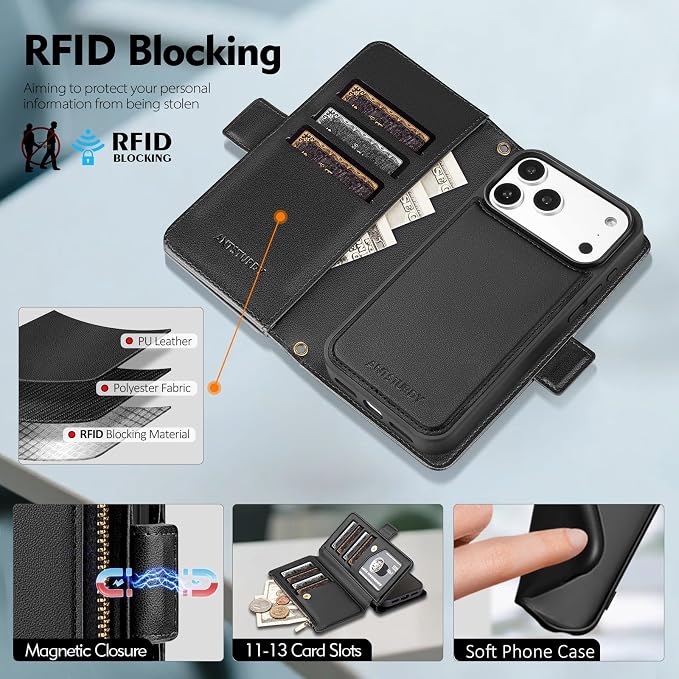 Antsturdy Compatible with Magsafe Magnetic 2 in 1 Detachable iPhone 17 Pro Wallet Case with Credit Card Holder Slots,PU Leather RFID Blocking Phone Cover Wrist Strap Zipper Women Men,Black