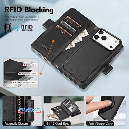 Antsturdy Compatible with Magsafe Magnetic 2 in 1 Detachable iPhone 17 Pro Wallet Case with Credit Card Holder Slots,PU Leather RFID Blocking Phone Cover Wrist Strap Zipper Women Men,Black