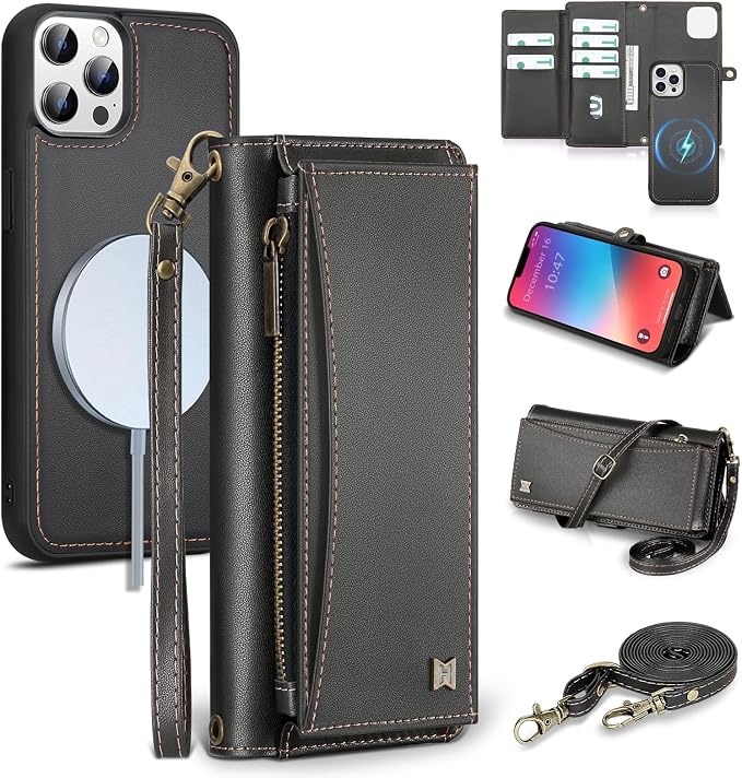Wallet Case for iPhone 13 Pro Max with Card Holder/Crossbody Wallet/Strap| RFID Blocking | Magnetic | Kickstand | Detachable | PU Leather Phone Case for iPhone 13 Pro Max,6.7 in,Black