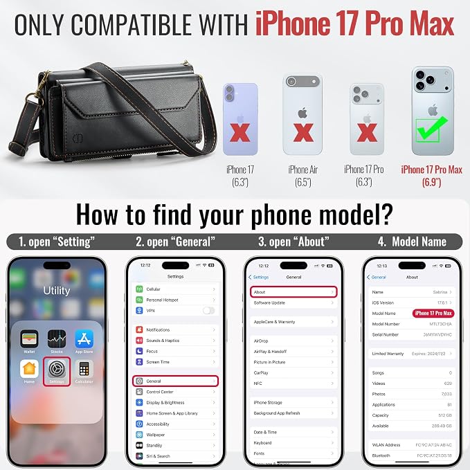 Strapurs Wallet Case Compatible with iPhone 17 Pro Max 6.9" RFID Blocking 10-Card Holder Soft PU Leather Magnetic Snap Shoulder Strap Zipper Pocket Phone Case Fit for iPhone 17 Pro Max - Black