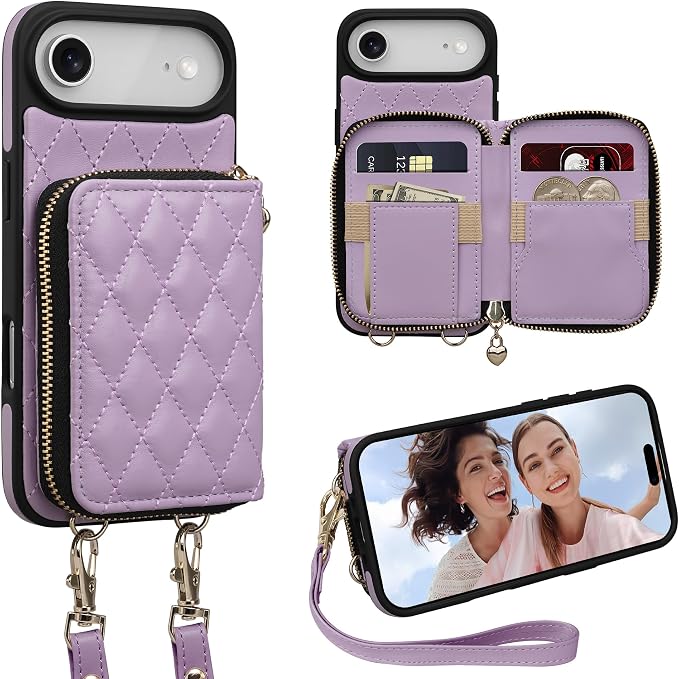 Keallce Case for iPhone Air 6.5'' Wallet Case, Crossbody Zipper Purse with Wrist Strap Lanyard Handbag, RFID Blocking Card Holders, Kickstand Flip Leather Cover for iPhone 17 Air, Purple