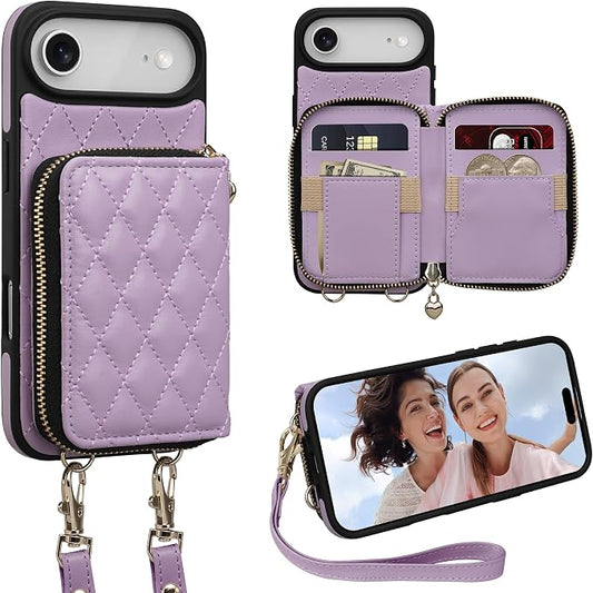 Keallce Case for iPhone Air 6.5'' Wallet Case, Crossbody Zipper Purse with Wrist Strap Lanyard Handbag, RFID Blocking Card Holders, Kickstand Flip Leather Cover for iPhone 17 Air, Purple