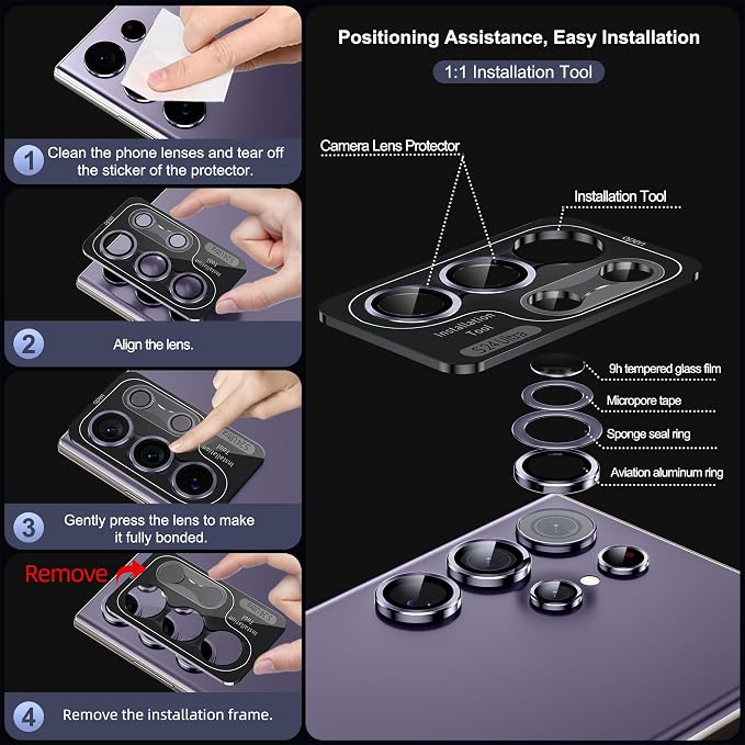 WSKEN for Samsung Galaxy S24 Ultra Camera Lens Protector, Ultra Thin Scratch Resistant 9H Tempered Glass with Aluminum Metal Circle Camera Screen Protector Cover Accessories, Violet
