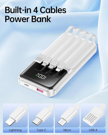 RONEGN Portable Charger with Built in Cable - Power Bank Fast Charging 22.5W USB C 10000mAh LED Display Travel Battery Pack 5 Outputs & 3 Inputs for iPhone Samsung Android iPad Phones Tablets etc