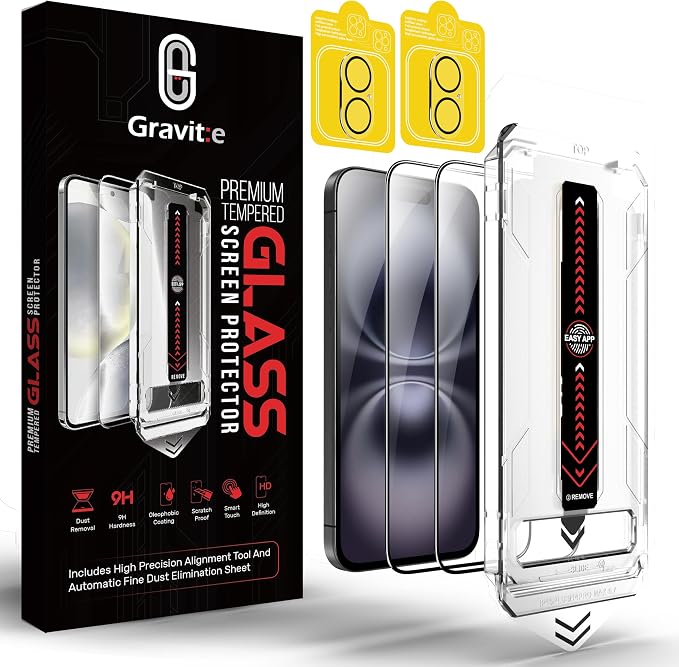 Gravit:e Screen Protector for iPhone, 9H Tempered Glass, Smart Installation Tool, Automatic Fine Dust Removal and Camera Protector 2 Pack (iPhone 16Plus)