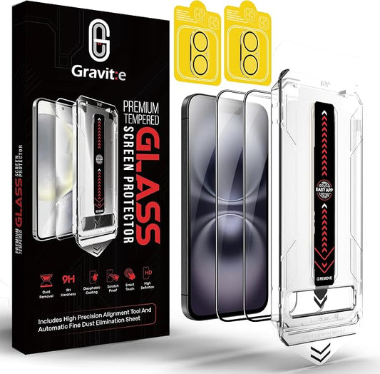 Gravit:e Screen Protector for iPhone, 9H Tempered Glass, Smart Installation Tool, Automatic Fine Dust Removal and Camera Protector 2 Pack (iPhone 16Plus)