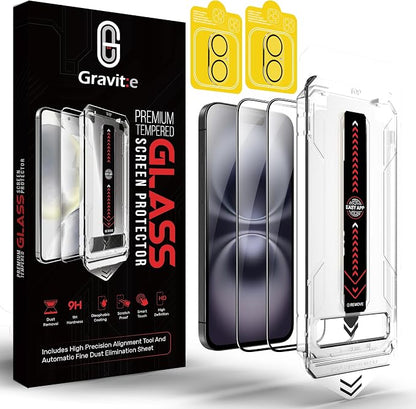 Gravit:e Screen Protector for iPhone, 9H Tempered Glass, Smart Installation Tool, Automatic Fine Dust Removal and Camera Protector 2 Pack (iPhone 16)