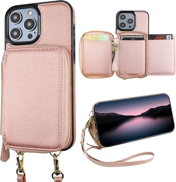 Bocasal RFID Blocking Wallet Case for iPhone 14 Pro, Adjustable Crossbody Zipper Purse Case Card Holder with Kickstand Detachable Wrist Strap, PU Leather Flip Folio Case 6.1 Inch 5G (Rose Gold)