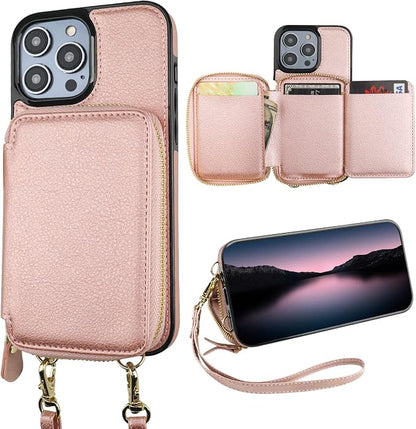 Bocasal RFID Blocking Wallet Case for iPhone 14 Pro, Adjustable Crossbody Zipper Purse Case Card Holder with Kickstand Detachable Wrist Strap, PU Leather Flip Folio Case 6.1 Inch 5G (Rose Gold)