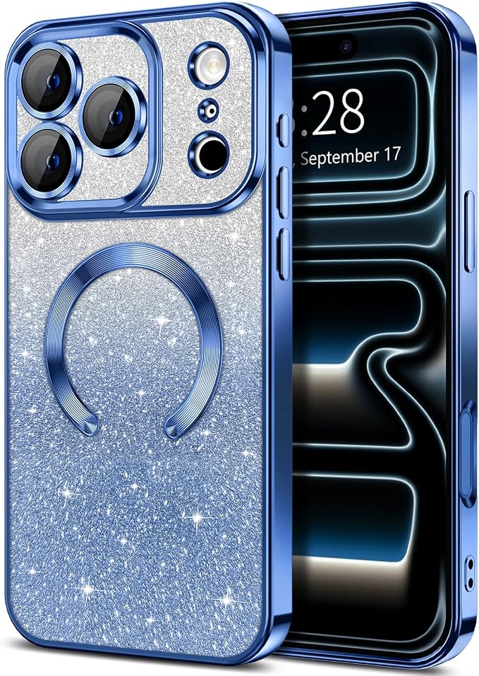 Hython for iPhone 17 Pro Case Glitter Clear Magnetic Phone Cases [Compatible with MagSafe] Full Camera Lens Protector Sparkle Luxury Plating Slim Shockproof Protective Cover, Gradient Deep Blue