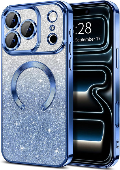 Hython for iPhone 17 Pro Case Glitter Clear Magnetic Phone Cases [Compatible with MagSafe] Full Camera Lens Protector Sparkle Luxury Plating Slim Shockproof Protective Cover, Gradient Deep Blue