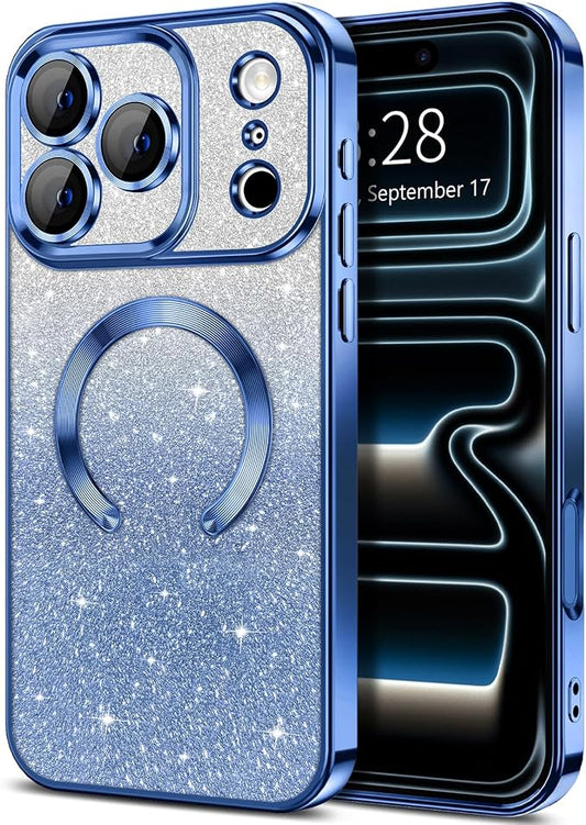 Hython for iPhone 17 Pro Case Glitter Clear Magnetic Phone Cases [Compatible with MagSafe] Full Camera Lens Protector Sparkle Luxury Plating Slim Shockproof Protective Cover, Gradient Deep Blue