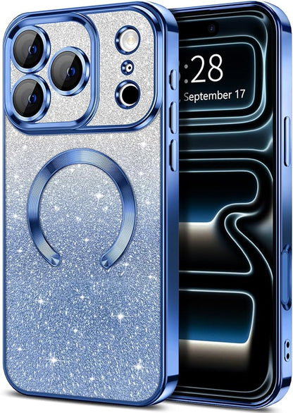 Hython for iPhone 17 Pro Max Case Glitter Clear Magnetic Phone Cases [Compatible with MagSafe] Full Camera Lens Protector Sparkle Luxury Plating Slim Shockproof Protective Cover, Gradient Deep Blue