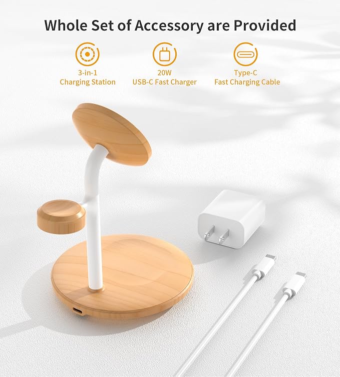XooFly 3 in 1 Wireless Charging Station for Apple Devices,Fast Wireless Mag-Safe Charger Stand with 20W Adapter for iPhone 17 16 15 14 13 12 Pro Max/Pro/Plus/Air/Mini,iWatch,AirPods,Yellow Woodgrain