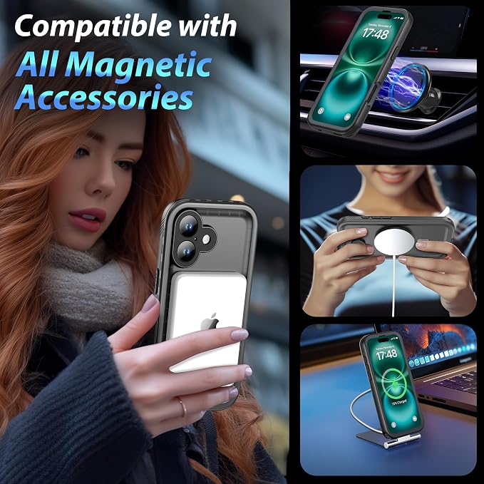 SPORTLINK for iPhone 16 Waterproof Case - Shockproof Dustproof Case with Built-in Clear Screen Protector, Full Body Heavy Duty Sealed Protective Cover for i Phone 16 6.1" Mag/Black