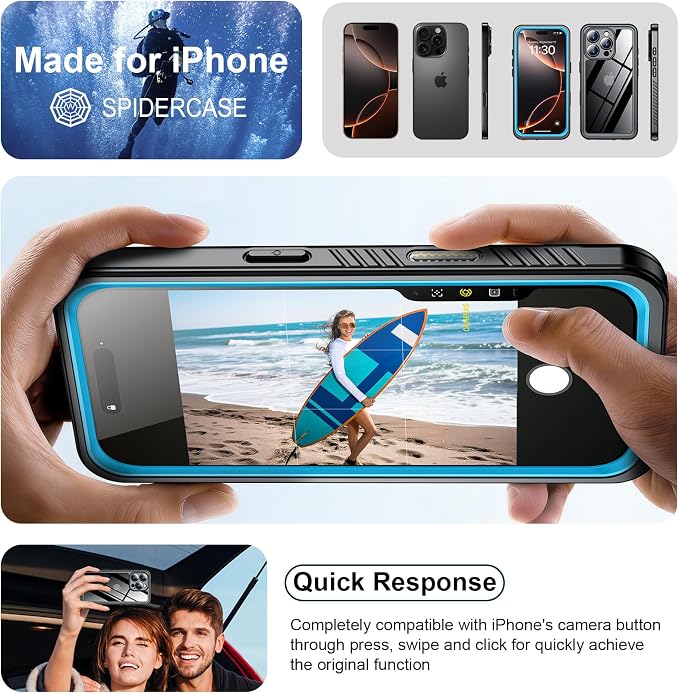 SPIDERCASE for iPhone 16 Pro Max Case Waterproof, Built-in Screen & Camera Protector [IP68 Underwater][Full Body Shockproof][Dustproof] Heavy Duty Rugged Phone Cover 6.9", Blue