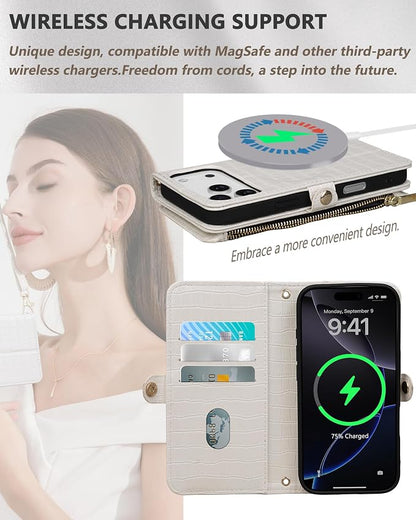 Crossbody Wallet Case for iPhone 17 Pro Max with Mirror, Wrist Strap, Zipper Purse Magnetic Flip, RFID Blocking Card Holder, Wireless Charging, PU Leather Shockproof 6.9" Women (White)