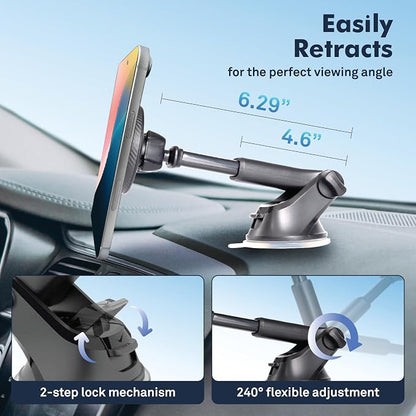 Magnetic Phone Holder for Car – Suction Cup Phone Mount with Adjustable Rotating Arm and Lock Mechanism for Dashboard, Windshield, Air Vent – Compatible with iPhone and Android